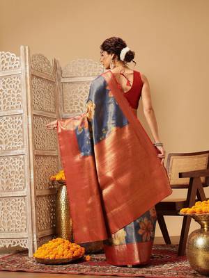 Blue printed tissue traditional saree with blouse piece 3