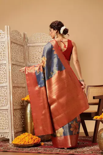 Blue printed tissue traditional saree with blouse piece