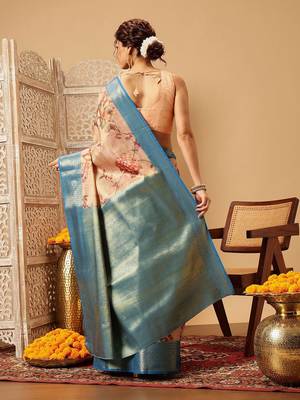 Peach printed tissue traditional saree with blouse piece 2