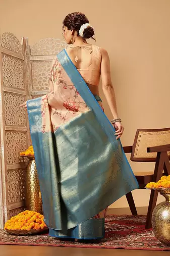 Peach printed tissue traditional saree with blouse piece