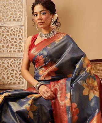 Blue printed tissue traditional saree with blouse piece 4
