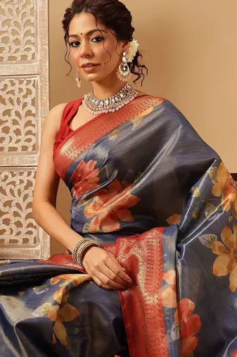 Blue printed tissue traditional saree with blouse piece