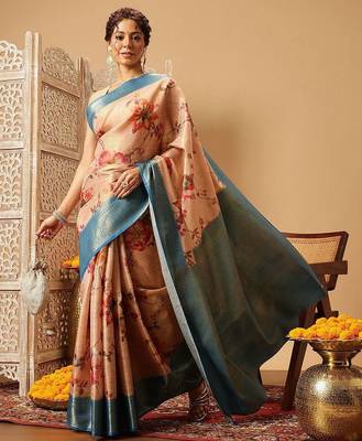 Peach printed tissue traditional saree with blouse piece 3