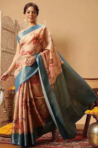 Peach printed tissue traditional saree with blouse piece