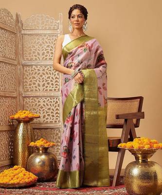 Lavender printed tissue traditional saree with blouse piece 1