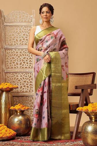 Lavender printed tissue traditional saree with blouse piece