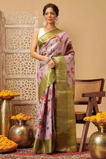 Lavender printed tissue traditional saree with blouse piece