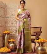 Lavender printed tissue traditional saree with blouse piece