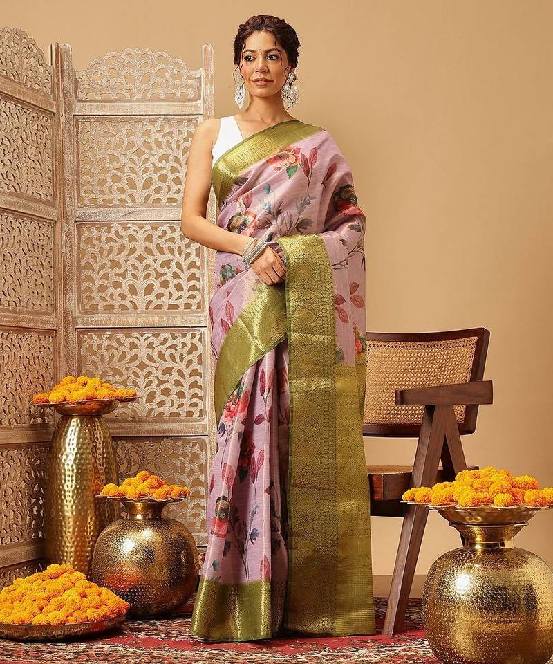 Lavender printed tissue traditional saree with blouse piece