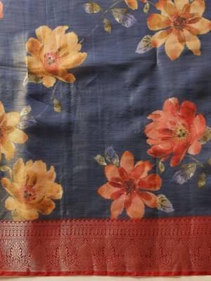 Blue printed tissue traditional saree with blouse piece 5