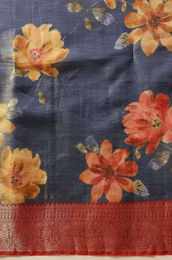 Blue printed tissue traditional saree with blouse piece
