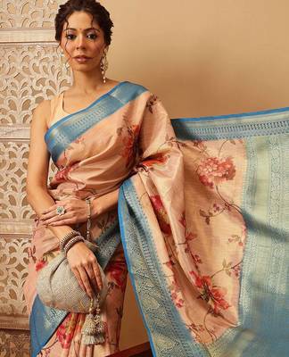 Peach printed tissue traditional saree with blouse piece 4