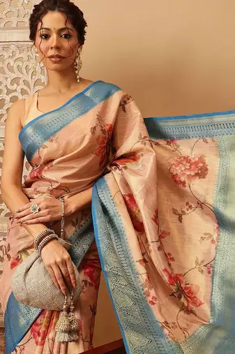 Peach printed tissue traditional saree with blouse piece