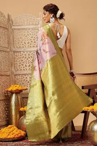 Lavender printed tissue traditional saree with blouse piece