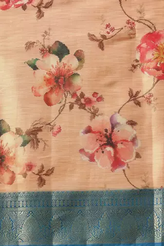 Peach printed tissue traditional saree with blouse piece