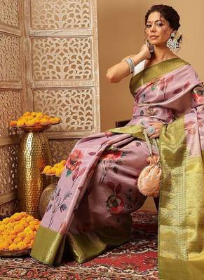 Lavender printed tissue traditional saree with blouse piece 3