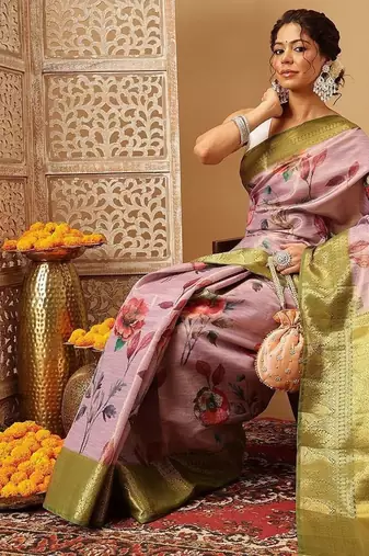 Lavender printed tissue traditional saree with blouse piece