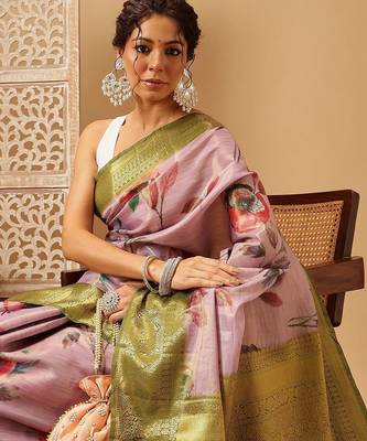 Lavender printed tissue traditional saree with blouse piece 4
