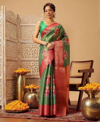 Green printed tissue traditional saree with blouse piece 1