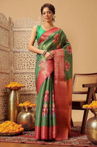 Green printed tissue traditional saree with blouse piece