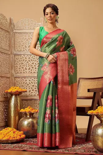 Green printed tissue traditional saree with blouse piece