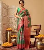 Green printed tissue traditional saree with blouse piece