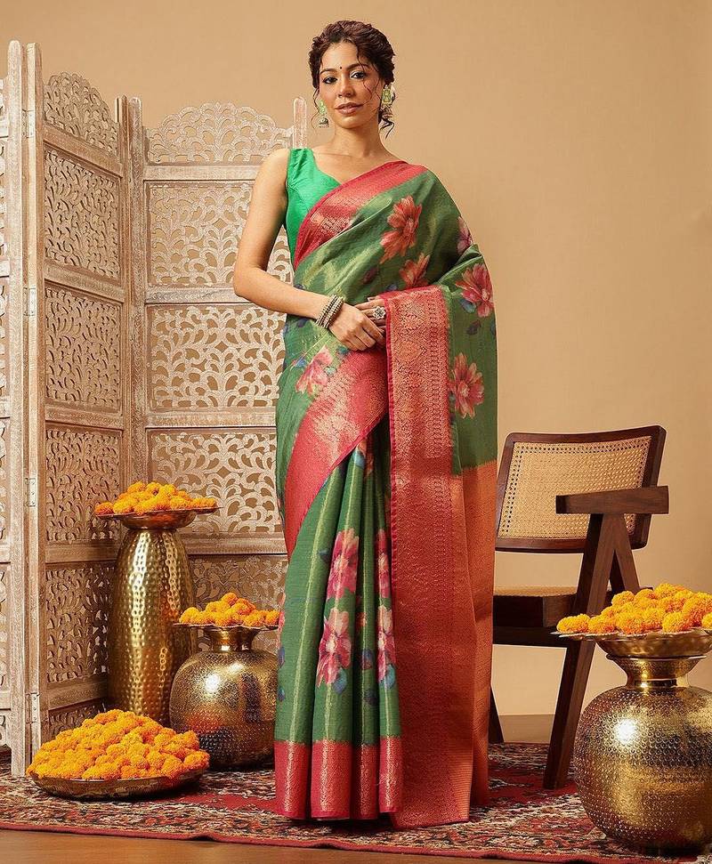 Green printed tissue traditional saree with blouse piece