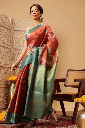 Peach printed tissue traditional saree with blouse piece