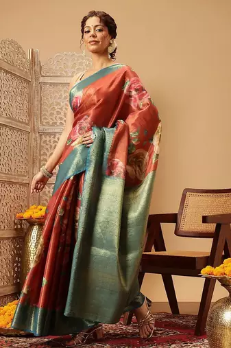 Peach printed tissue traditional saree with blouse piece
