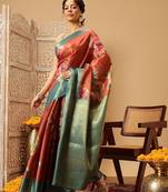 Peach printed tissue traditional saree with blouse piece