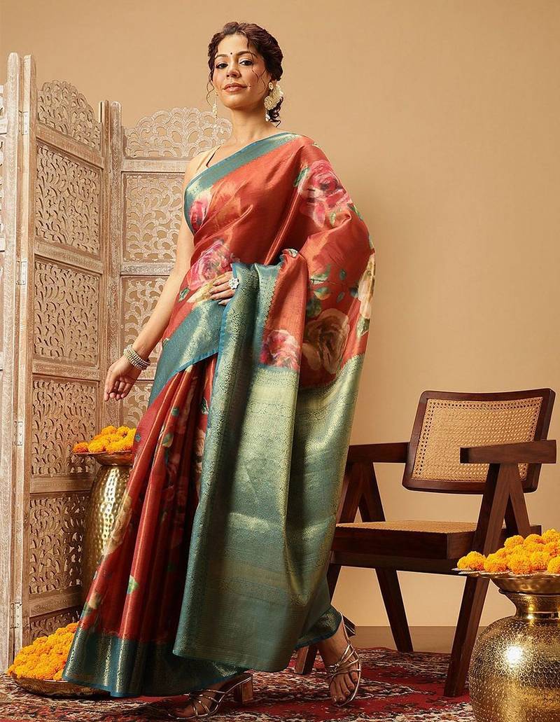 Peach printed tissue traditional saree with blouse piece