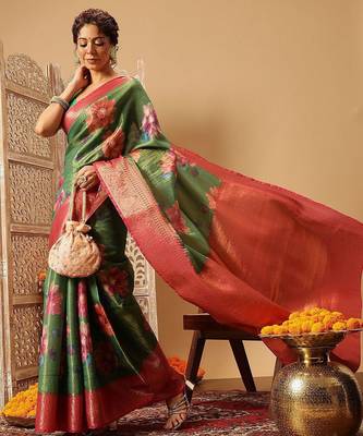 Green printed tissue traditional saree with blouse piece 2