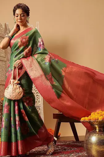 Green printed tissue traditional saree with blouse piece