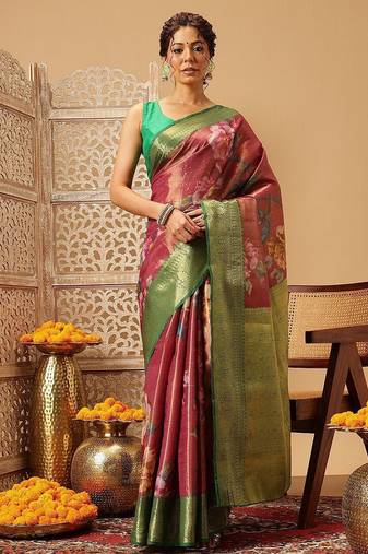 Pink printed tissue traditional saree with blouse piece
