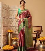 Pink printed tissue traditional saree with blouse piece