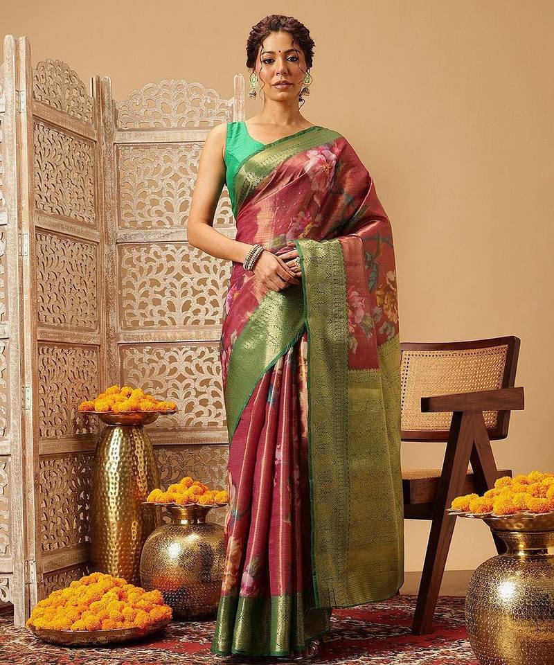 Pink printed tissue traditional saree with blouse piece