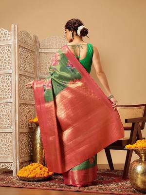Green printed tissue traditional saree with blouse piece 3