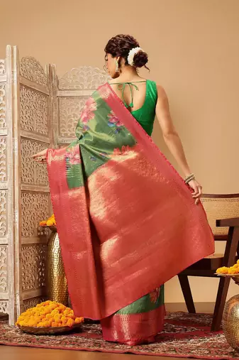 Green printed tissue traditional saree with blouse piece