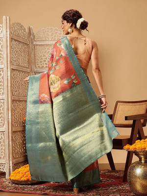 Peach printed tissue traditional saree with blouse piece 2