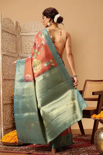 Peach printed tissue traditional saree with blouse piece