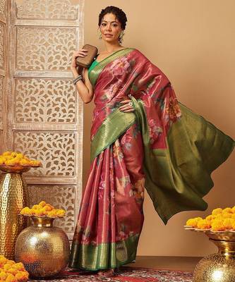 Pink printed tissue traditional saree with blouse piece 2