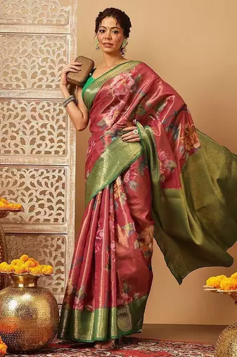 Pink printed tissue traditional saree with blouse piece