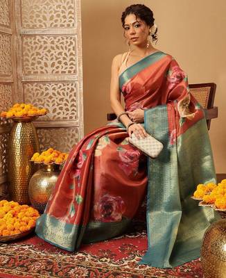 Peach printed tissue traditional saree with blouse piece 3