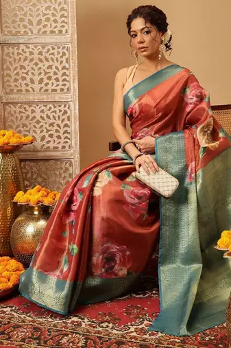Peach printed tissue traditional saree with blouse piece
