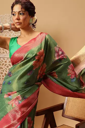 Green printed tissue traditional saree with blouse piece