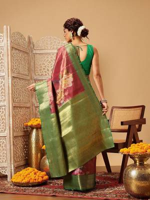 Pink printed tissue traditional saree with blouse piece 3