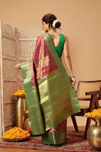 Pink printed tissue traditional saree with blouse piece