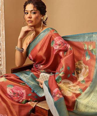Peach printed tissue traditional saree with blouse piece 4