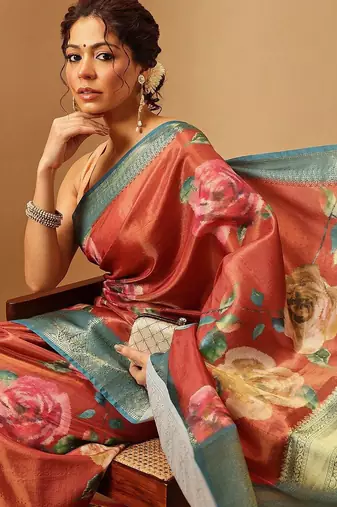 Peach printed tissue traditional saree with blouse piece