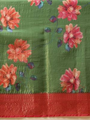 Green printed tissue traditional saree with blouse piece 5